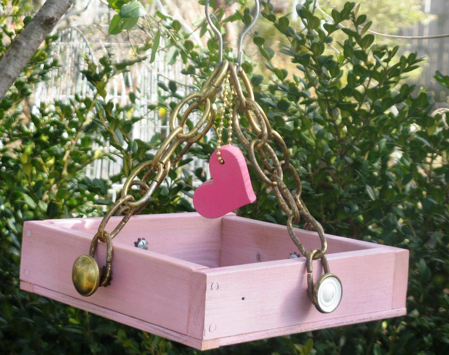 Pinkalicious - Pink Hanging Bird Feeder Tray - Recycled Materials, Wooden Heart, Vintage Hardware