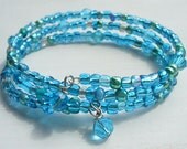 Bright Blue Turquoise Sparkly Summer Beaded Memory Wire Wrap Bracelet - Large Wrist