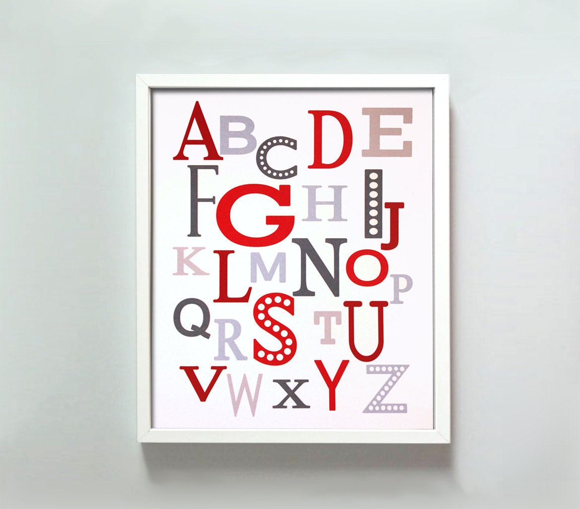 8x10 Modern Alphabet print in blues and reds