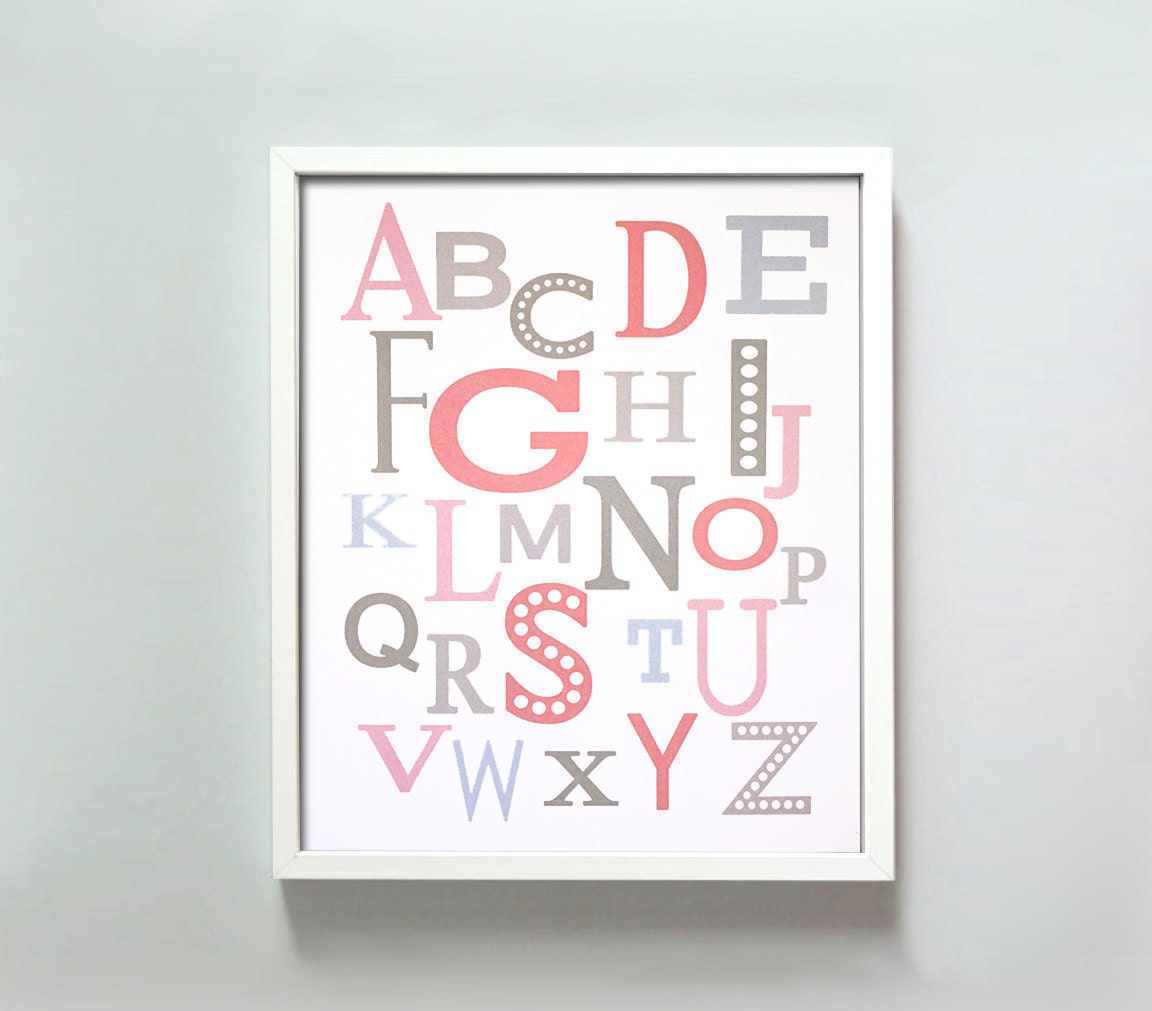 8x10 Modern Alphabet print in pinks and grays