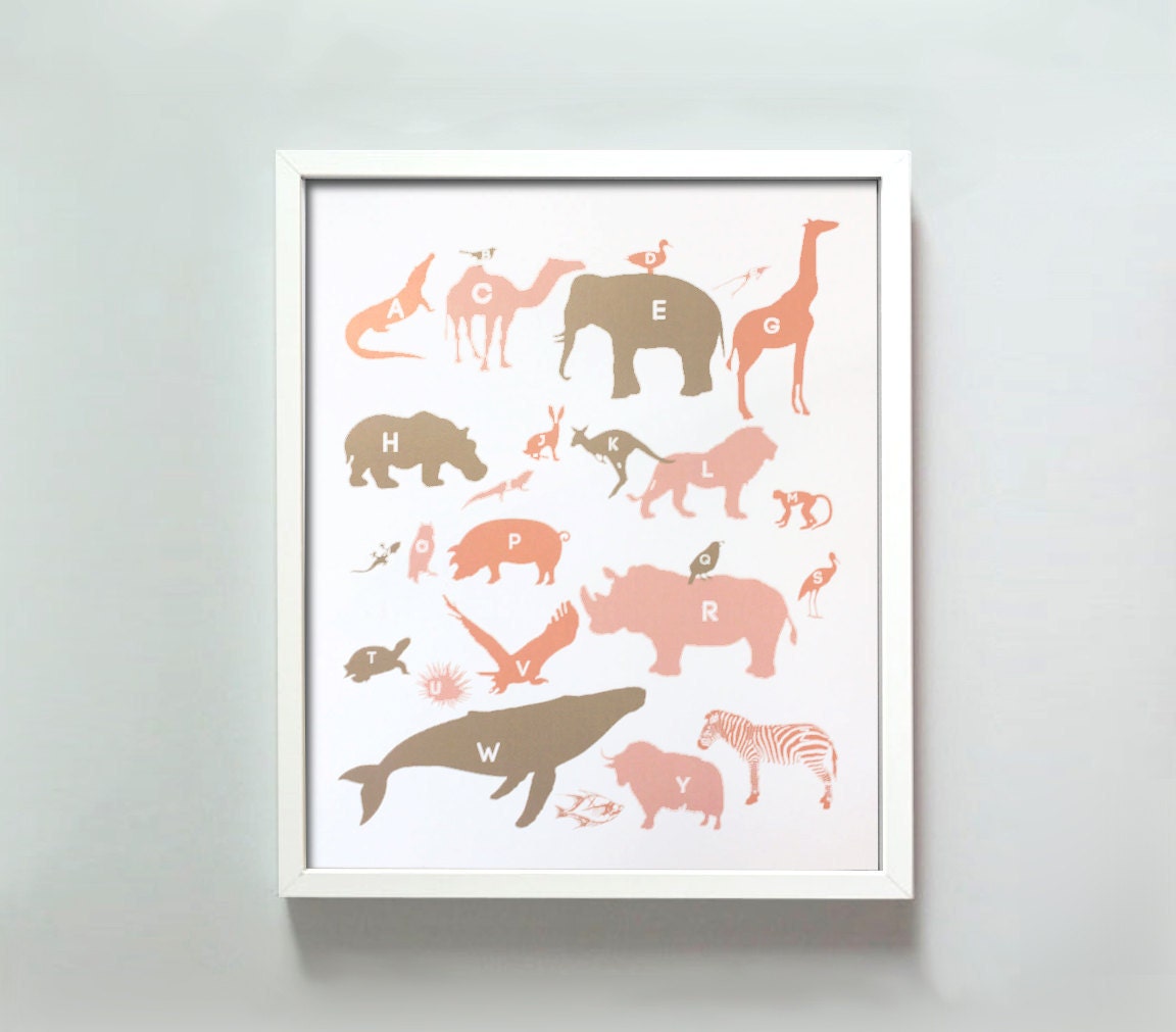 11x14 Alphabet Animals print in pinks and taupe