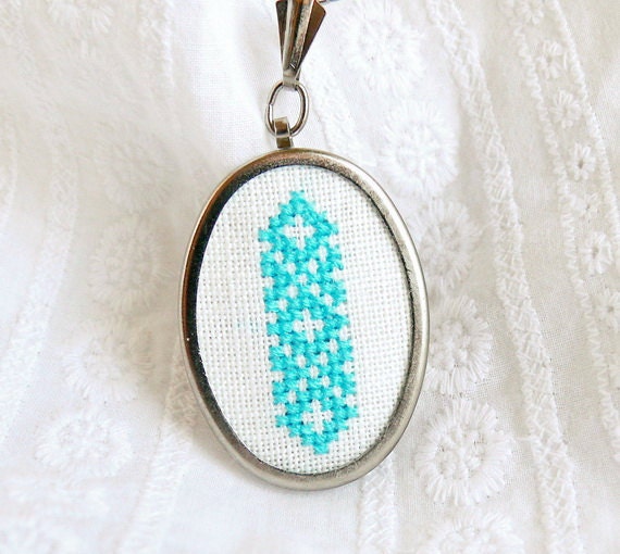 Hand embroidered necklace turquoise ukrainian ornament