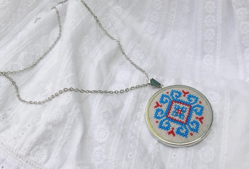 Cross stitch necklace blue and red ethnic ornament