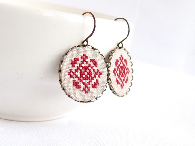 Cross stitch earrings Ethnic ornament in royal red