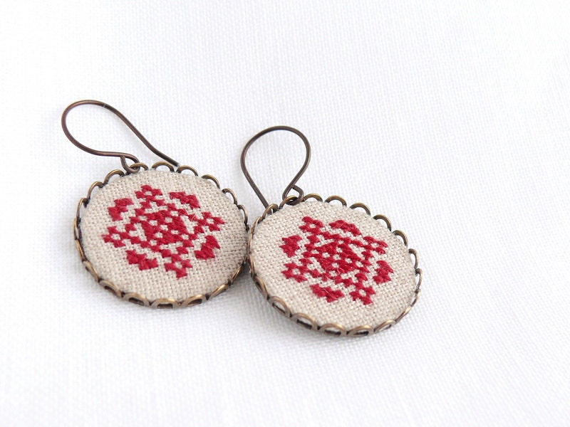 Cross stitch earrings Ethnic ornament in royal red