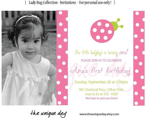 Ladybug Pink Green Invitation, Custom Invitation,Birthday, First Birthday, Printable Invitation, Il_570xn