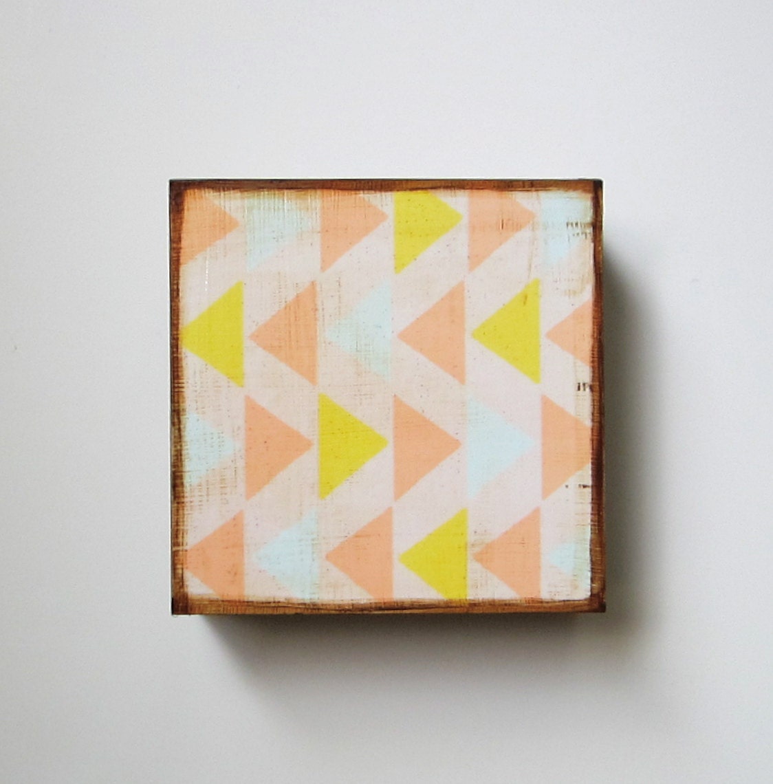 Art Block l Southwest Triangles Southwest Geometric  5x5 wood block  pink blue yellow pattern pastel redtilestudio