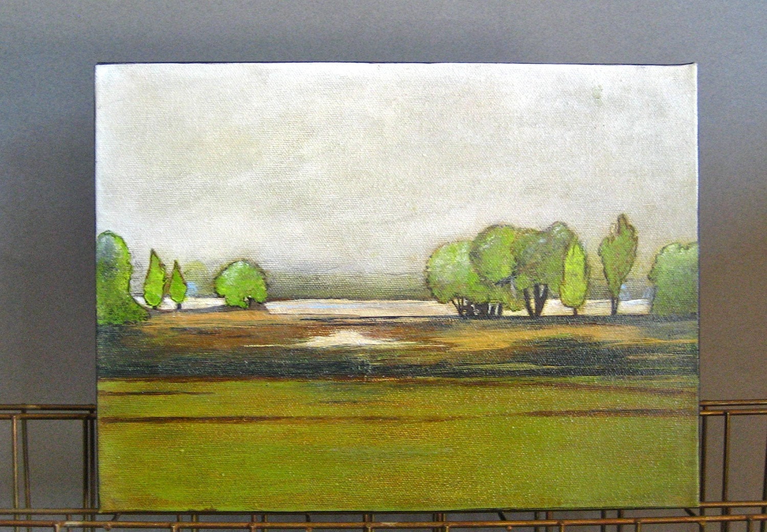 Trees on the Horizon Painting.12x9 Original Art Acrylic Green Blue Brown red tile studio