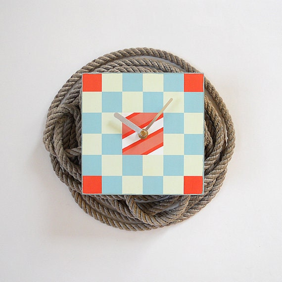 Nautical Clock Art Block BUOY Orange Blue Yellow Geometric Stripes Squares