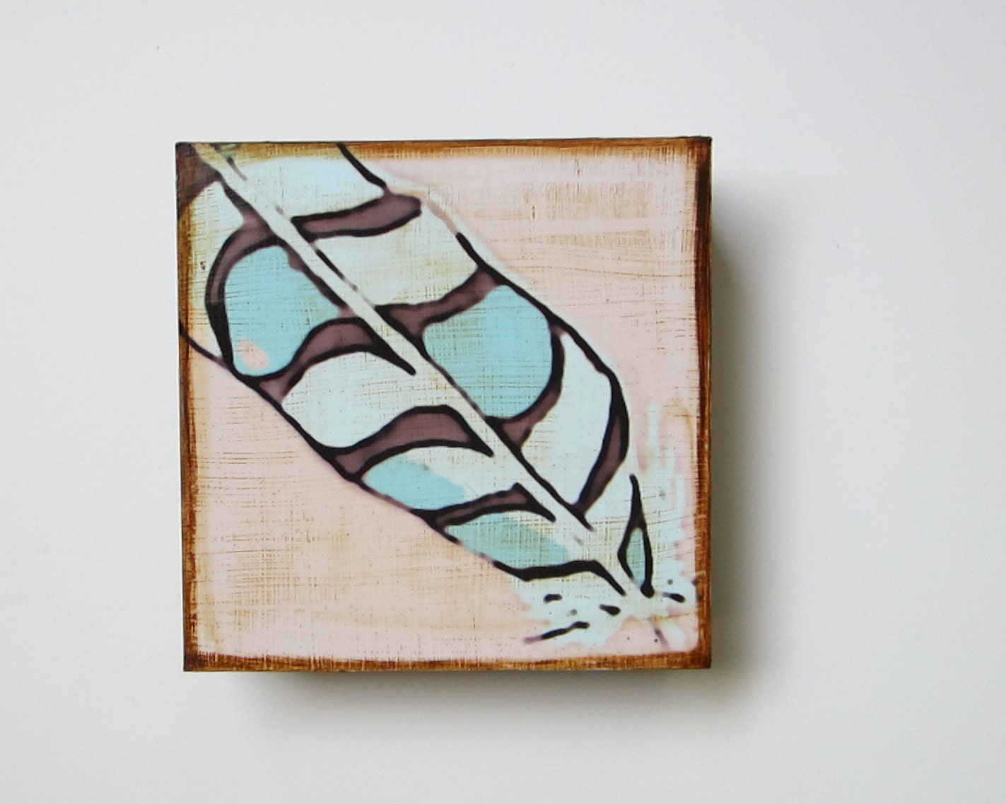 Art Block l Blue Feather Southwest Geometric  5x5 wood block blue gray tribal pastel redtilestudio