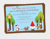 Printable Woodland Birthday Invitation, Enchanted Forest, Gnome, Boy, Girl, Deer, Owl, Squirrel, DIY digital file