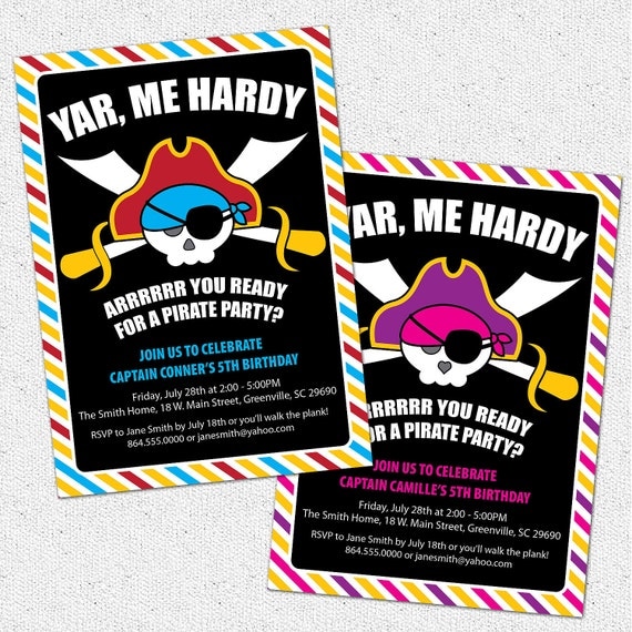 Pirate Invitation, Birthday Party Invite, Skull, Yar, Arrrr, Sword, Eye Patch, Modern, Printable, Boy or Girl Pink, DIY Digital File