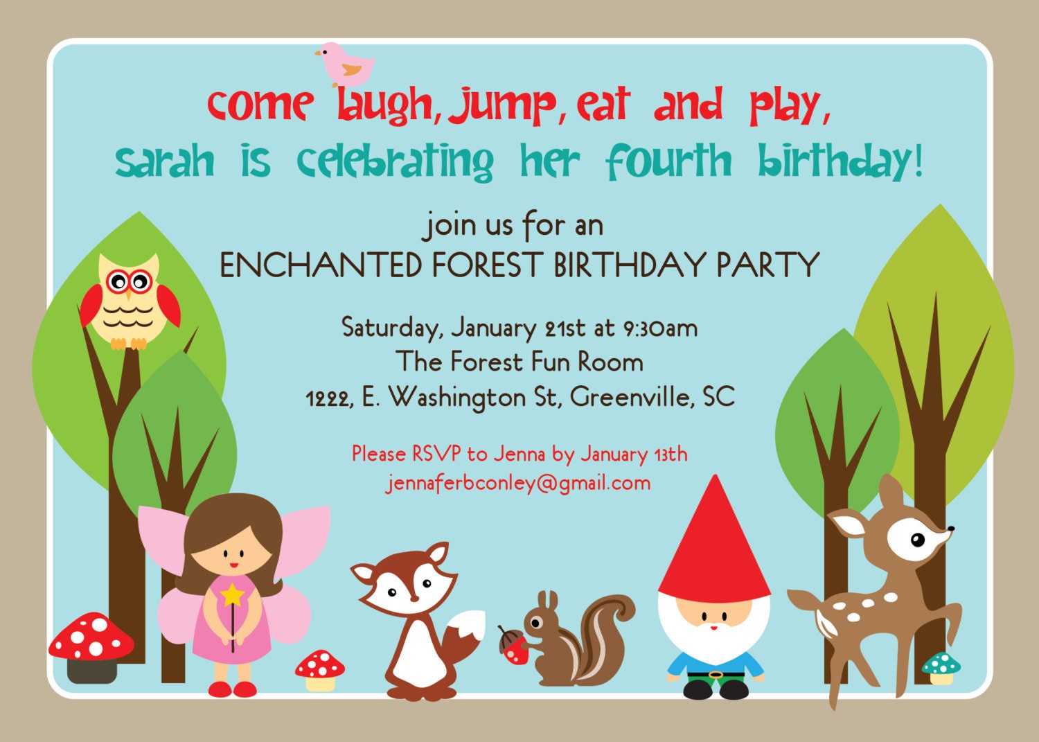 Printable Woodland Birthday Invitation, Enchanted Forest, Fairy, Gnome, Deer, Owl, Squirrel, Girl DIY digital file
