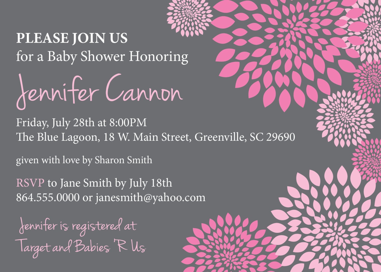 Baby Shower Invitation Printable Girl Hot and Pale Pink and Charcoal Grey Gray Floral Modern, DIY Digital File