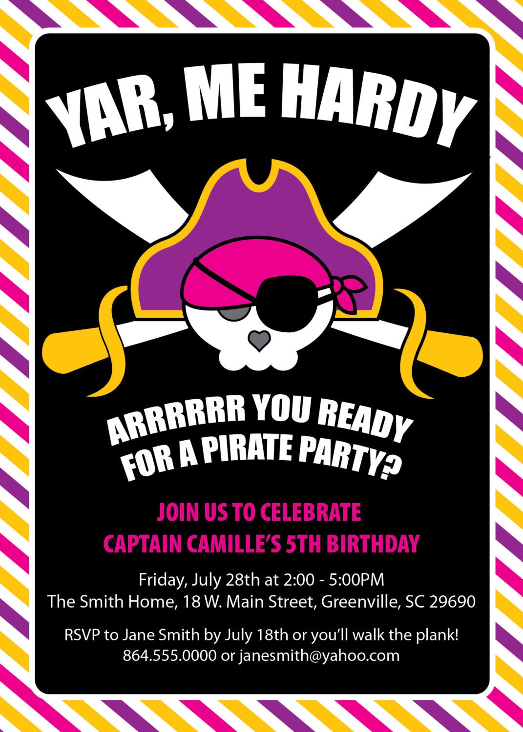 Pirate Invitation, Birthday Party Invite, Skull, Yar, Arrrr, Sword, Eye Patch, Modern, Printable, Boy or Girl Pink, DIY Digital File
