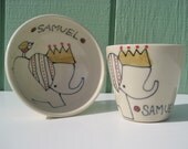 Personalized Baby Gift  - Elephant with Crown and Bird- Small Bowl and Juice Cup- Personalized Baby Gift