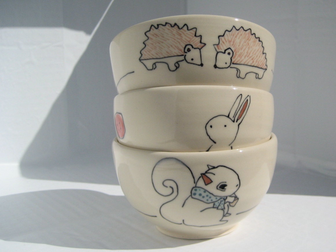 Hedgehog Bunny and Squirrel Dessert Bowls - Set of Three Woodland Animals - Made to Order