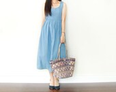 Vintage Light Blue Denim  Maxi Dress - Pleated Top and Waist Tie