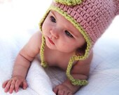 Organic Baby Hat - Pink Earflap Beanie with Dusty Sage Trim-Size 3 or 4. Photography prop
