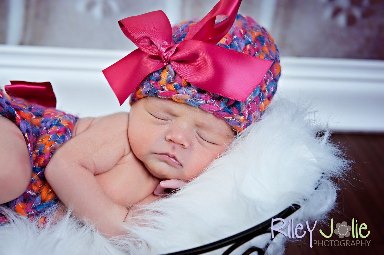 Newborn Beanie Hat with pink bow - Pink,Orange, Blue and Violet. Wool.Photography prop