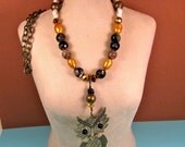 Owl Necklace With Fire Agate and Water Pearls