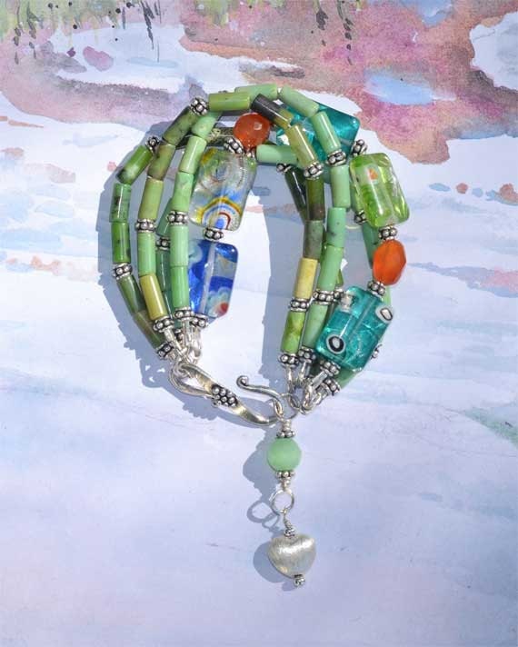 Boho-Chic 5 Strand Sterling Silver Bracelet With Puffed Heart Charm