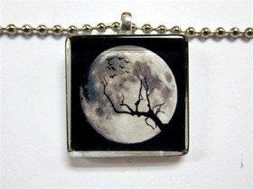 Moon and Tree Glass Tile Pendant