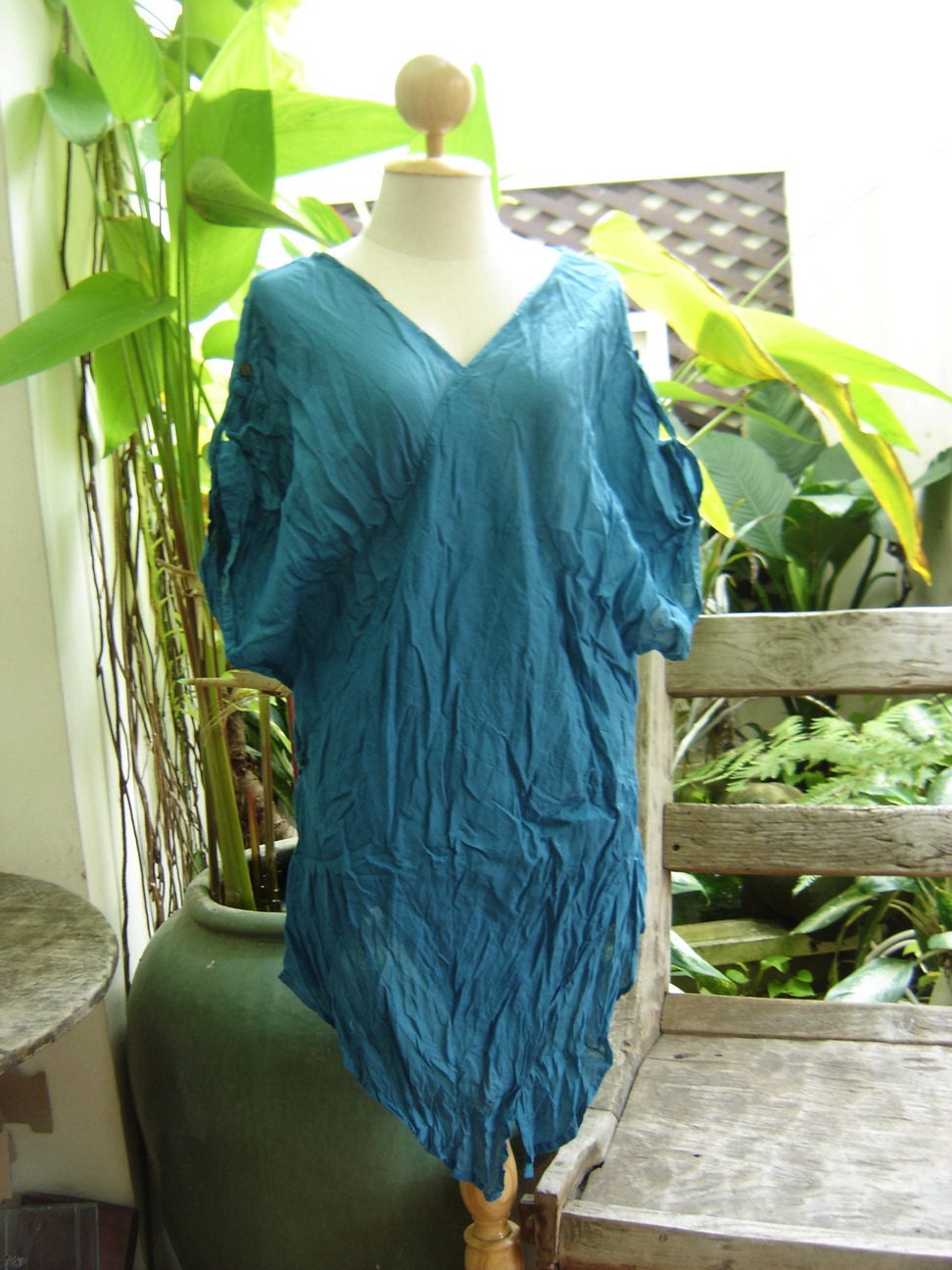 V Cotton Long Blouse - Sea Green