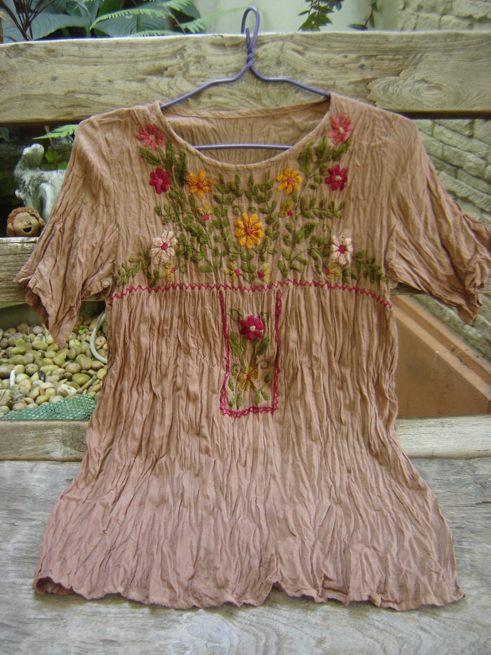Short Sleeves Bohemian Embroidered Top in Light Brown