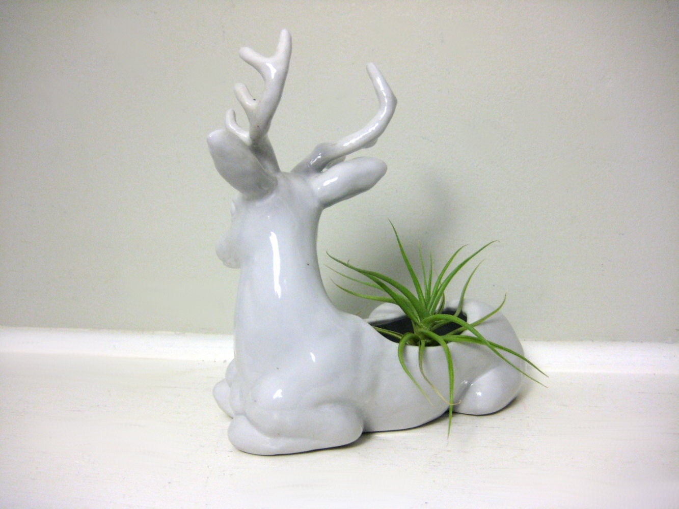 Vintage White Ceramic Deer Planter, White Deer Figurine, 8-Point Buck with Antlers, Woodland Figure, Glossy White Library Decor