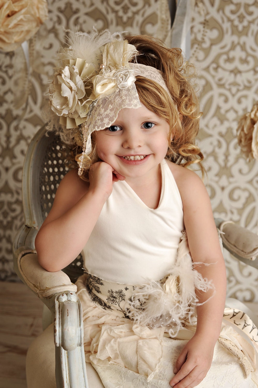 Ivory Lace Birthday Crown Bonnet with pearls flowers and pearls