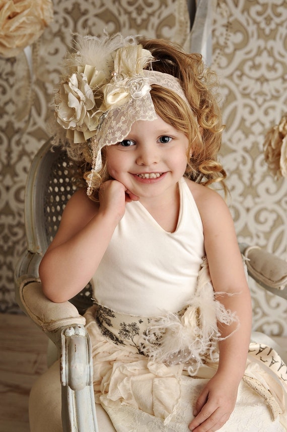 Ivory Lace Birthday Crown Bonnet with pearls flowers and pearls