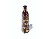 Hand Painted glass  Bottle navy blue yellow stars constellations gold stars home decor - Decorative Glass Art