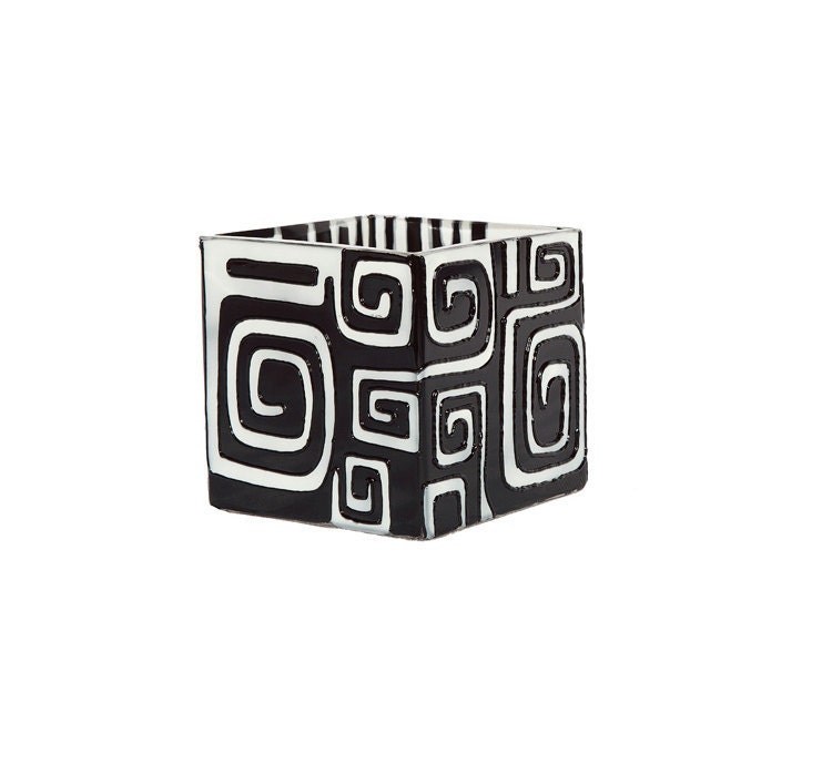 Hand Painted Glass Candle Holder Contemporary Modern Abstract Minimalist Black and White Labyrinth Home Decor Decorative Glass Art
