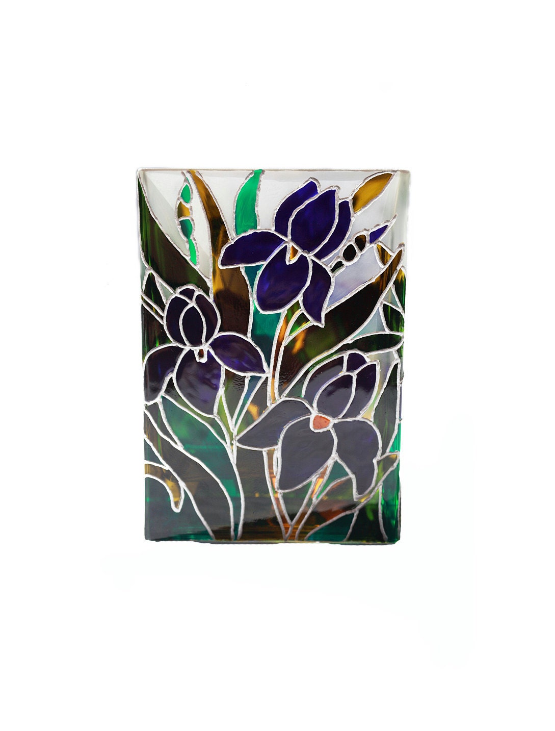 Hand Painted  Glass Vase Painted candle holder blue iris spring flower botanical white minimal kitchen decor- Decorative Glass Art
