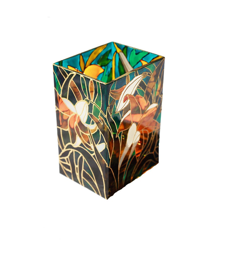 Hand Painted glass vase hand painted candle holder emerals yellow lily floral design home decor  Decorative Glass Art