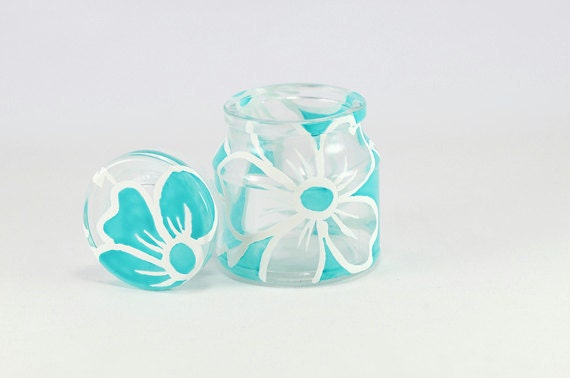 Hand Painted Glass Jar Candle Holder Lace white turquoise kitchen decor home decor Decorative Glass Art