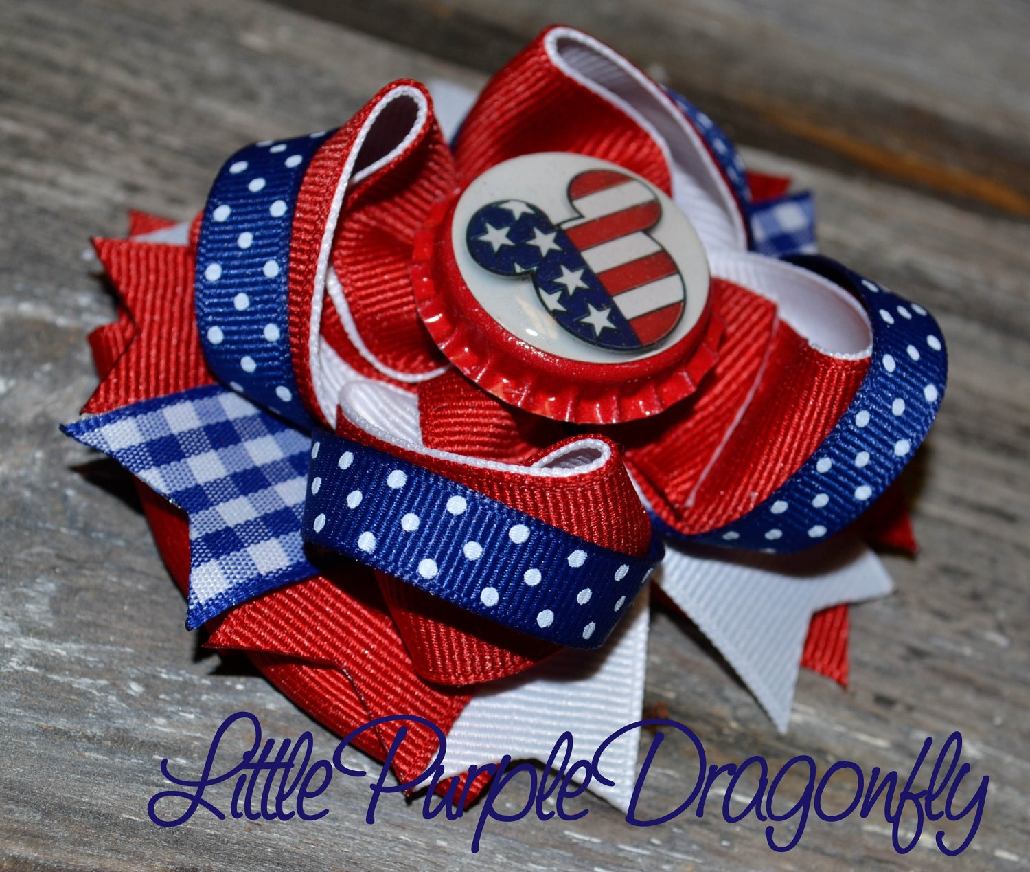 Mouse Head Patriotic Mini Boutique Hair Bow Red, White And Blue
