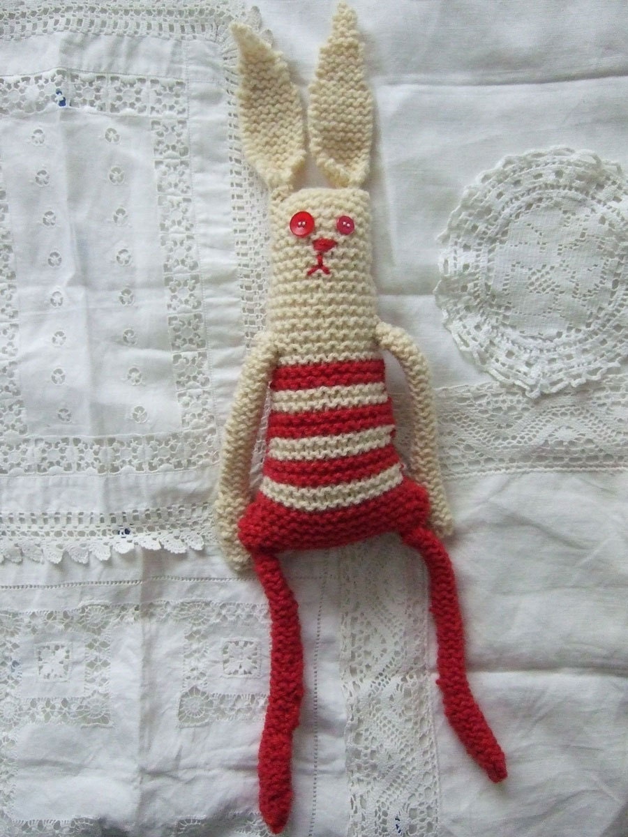 Knitted Rabbit - cream and red stripes