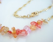 Glass and Matte Gold Long Necklace Tangerine, Red, and Pink
