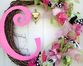 Spring Wreath with ribbons and Letter Initial Monogram pink lime