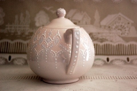 Victorian blue teapot handpainted with lace dotting