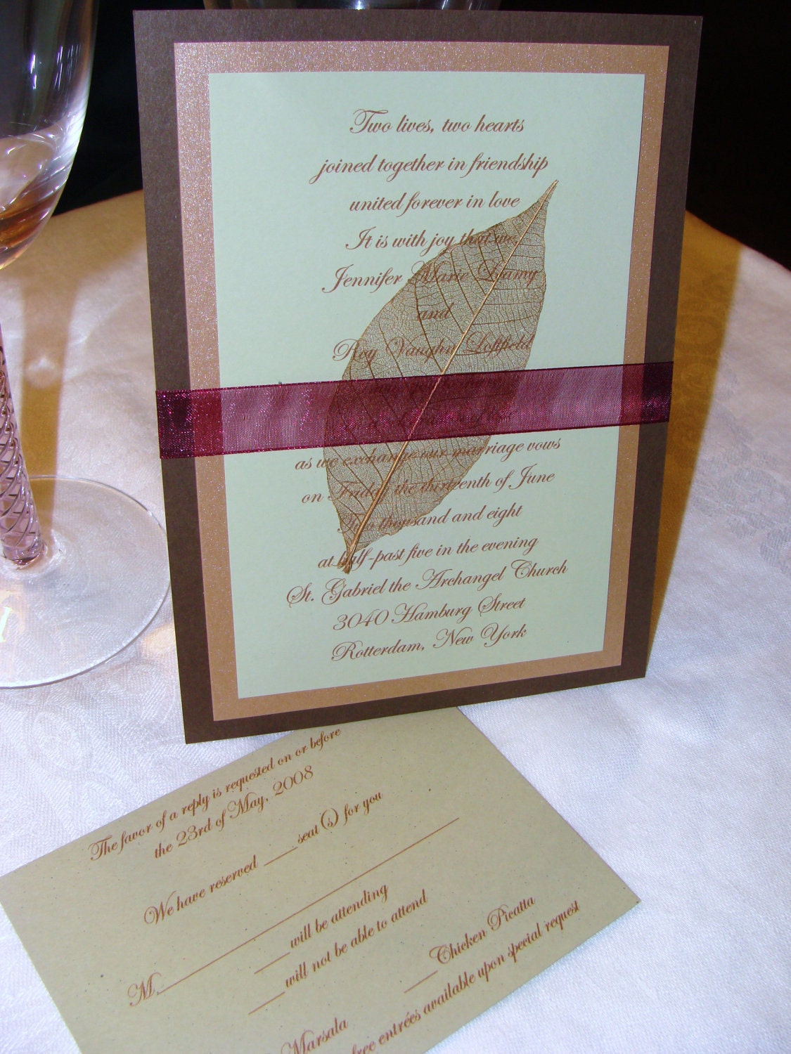 Layered Wedding Invitation with Leaf Embellishment - Sample Only, Custom, Nature, Green, Brown, Copper, Metallic, Red, Ribbon, Bellyband