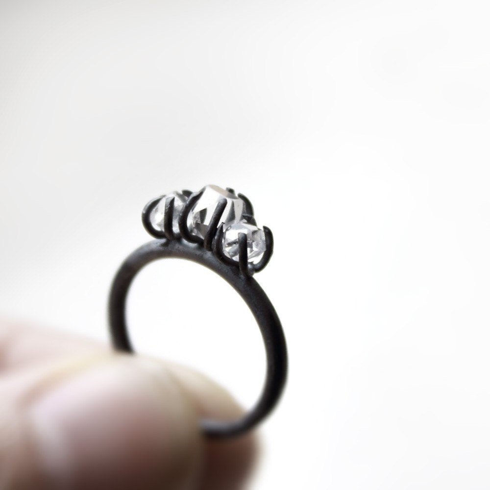 RESERVED Three . herkimer diamonds oxidized sterling silver ring