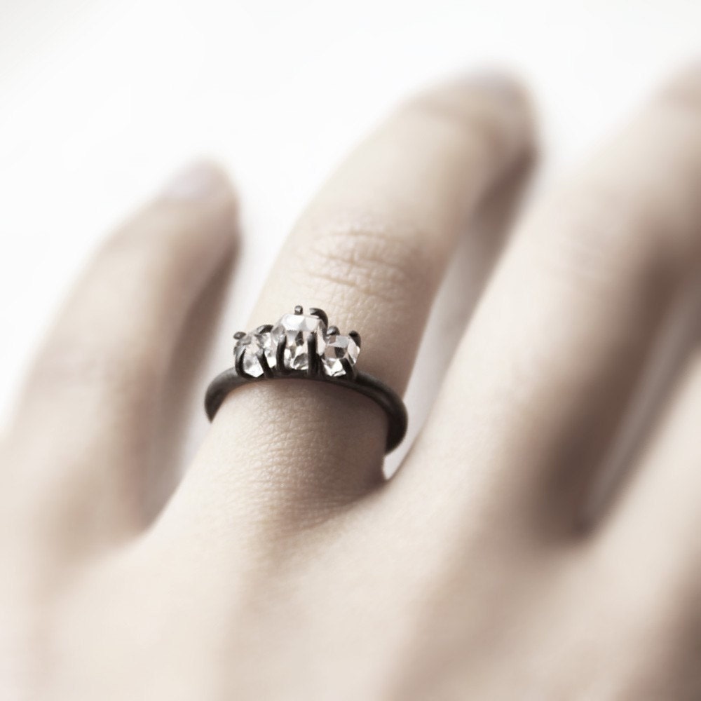 RESERVED Three . herkimer diamonds oxidized sterling silver ring