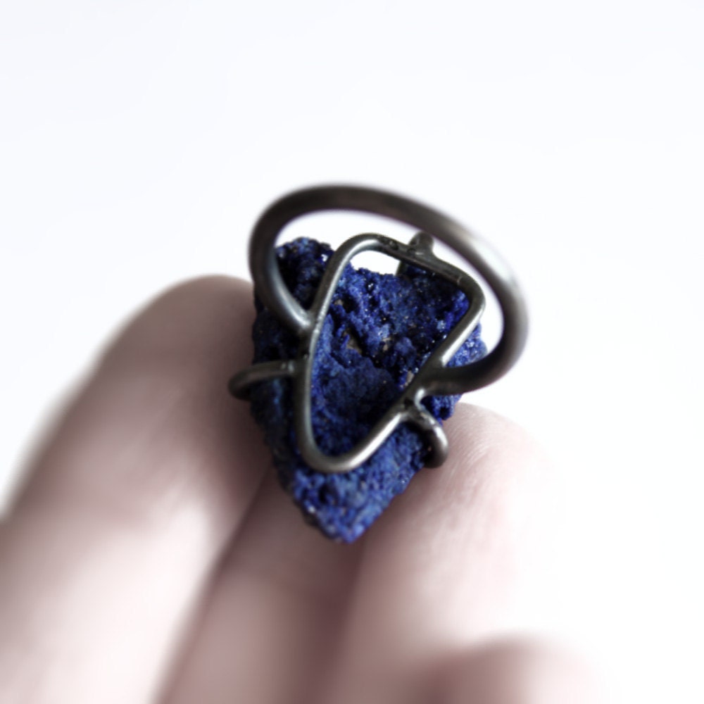 Deep . oxidized sterling silver deep blue azurite ring