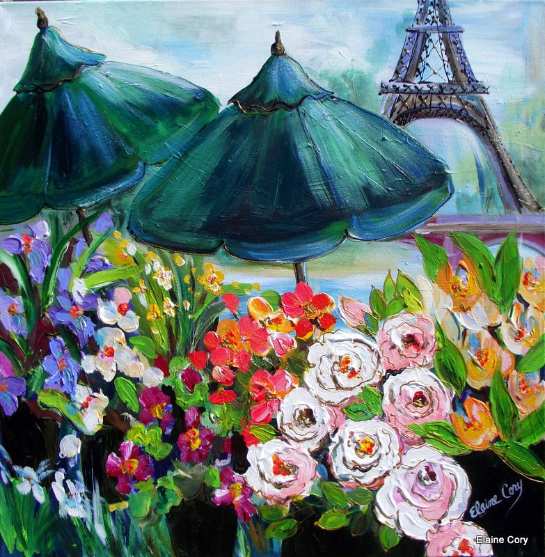 Paris Flower shop with Green Umbrellas Landscape oil painting  24 x 24 Original Painting by Elaine Cory