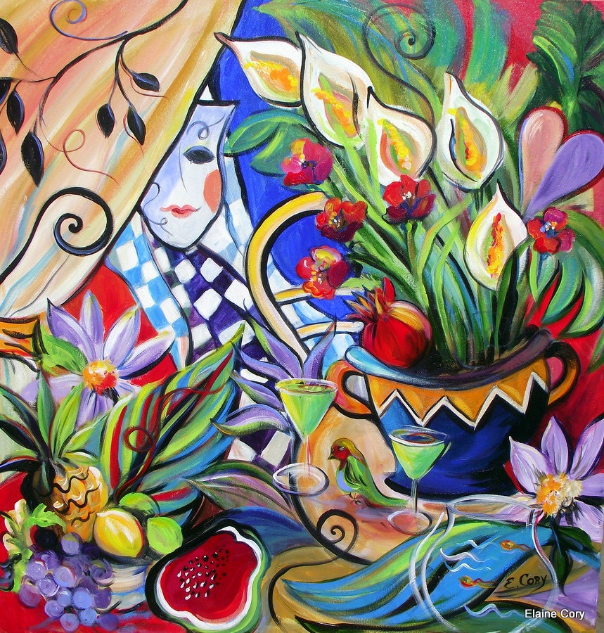 Fiesta Floral Mask reserved for Barbara  Original Painting   36 x 36   Fine Art by Elaine Cory