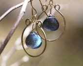 Labradorite 14k Gold Filled Earrings Horse Shoe Hoop Loop Flashy Blue Green Grey Wire Wrapped Semiprecious Gemstone Hammered - Lucky
