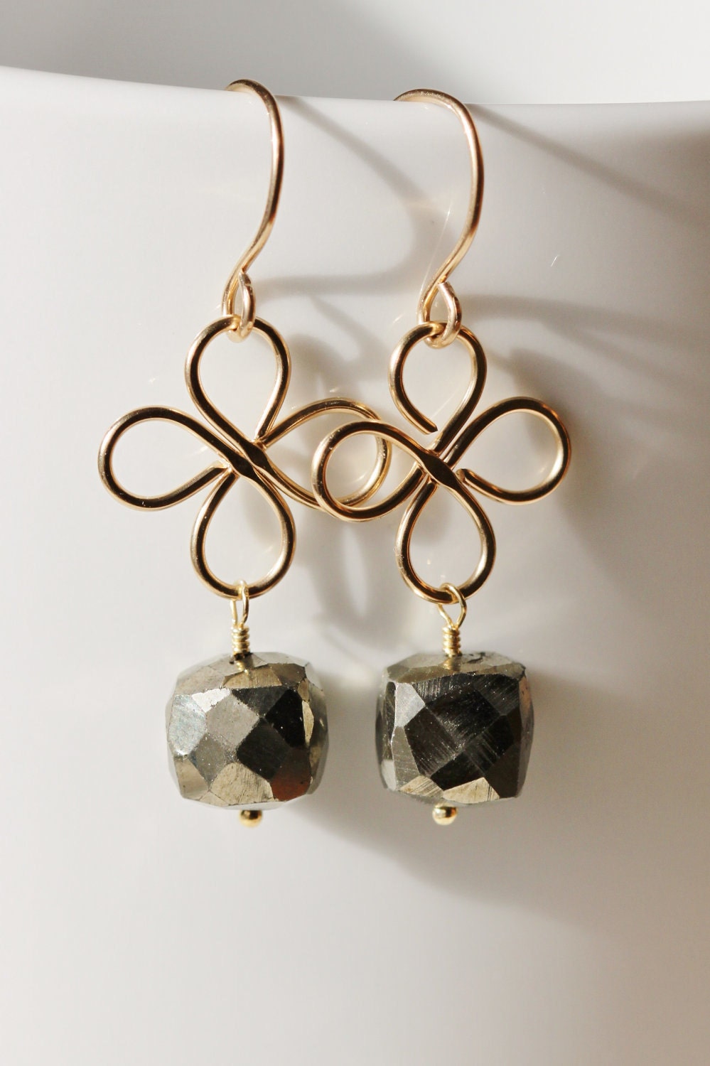Golden Pyrite 14k Gold Filled Earrings Clover Hammered Semiprecious Pewter Fools Gold Bronze Gemstone 3D Cube - Luck of the Irish